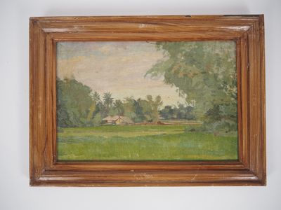 une peinture à l'huile d'un champ avec une maison au loin