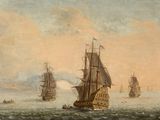 peinture représentant un groupe de bateaux côtoyant les uns les autres sur un plan d'eau