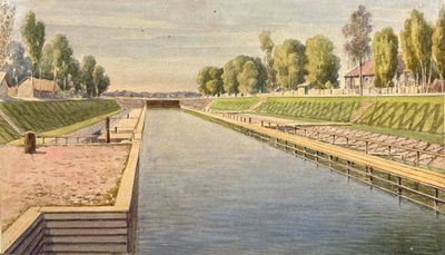un tableau représentant un canal sur lequel navigue un bateau