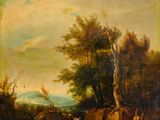 un tableau représentant un paysage boisé avec du bétail et des personnages au bord d'un ruisseau