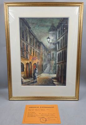 une image représentant un tableau où l'on voit un homme marchant dans une rue
