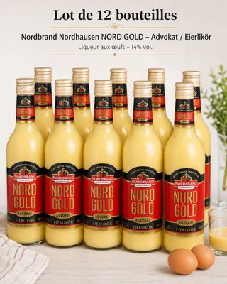 six bottles of nordd gold with eggs and a vase of flowers