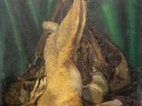 une peinture à l'huile représentant un animal mort posé sur une table, à côté d'une paire de ciseaux