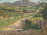 an oil painting of a dirt road leading to a farm with mountains in the background