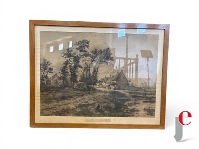 une vieille photo d'une photo d'un bâtiment avec un arbre au premier plan