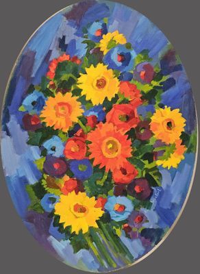 painting of a bouquet of flowers on a blue plate on a table