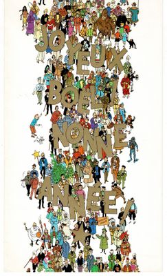 une affiche représentant un groupe de personnes debout devant un grand nombre de lettres