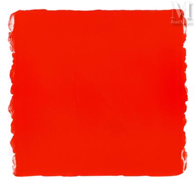 une tache de peinture rouge vif sur fond blanc