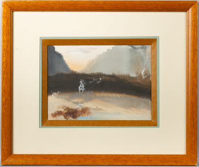 tableau représentant un chien courant dans un champ, avec une montagne en arrière-plan