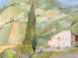 une peinture à l'huile représentant une colline verdoyante avec une maison au loin