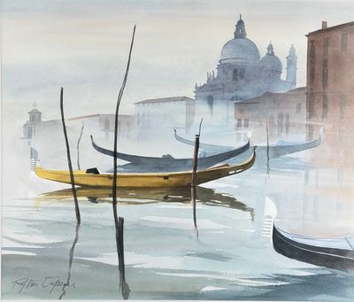 une peinture représentant un bateau sur l'eau, avec un bâtiment en arrière-plan