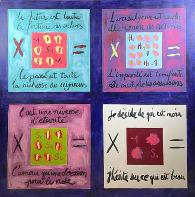 peinture représentant quatre types d'écriture différents sur un fond bleu