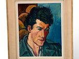 painting of a man in a blue shirt and a brown chair