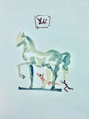 a painting of a horse and a dog on a white surface