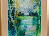 an image of a painting of a lake with trees in the background