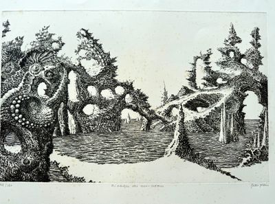 un dessin en noir et blanc représentant une scène de forêt
