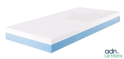 une photo d'un matelas recouvert d'une housse bleue et blanche