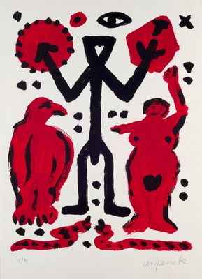 une image représentant un tableau sur lequel figurent un homme et deux chiens