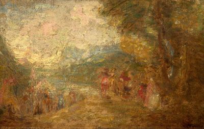 tableau représentant un groupe de personnes à cheval sur un chemin de terre