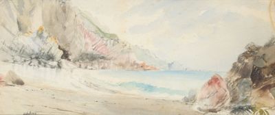 a painting of a beach scene with rocks and water