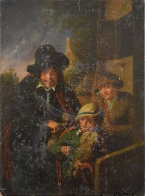 un vieux tableau représentant un homme avec deux enfants et un chien