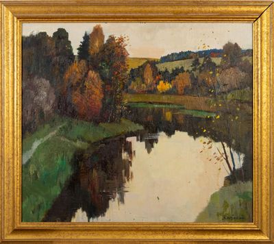 l'image d'une peinture représentant une rivière avec des arbres en arrière-plan