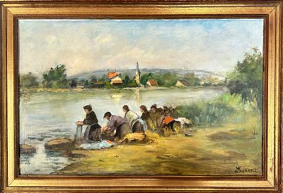 un tableau représentant un groupe de personnes assises au bord de l'eau