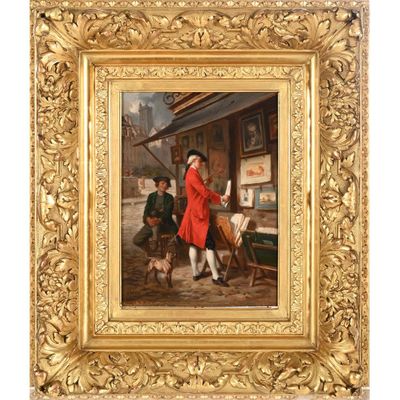 un tableau représentant un homme vêtu d'un manteau rouge, debout à côté d'un chien
