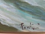 an oil painting of a person on a surfboard riding a wave