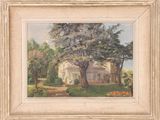 une peinture à l'huile représentant une maison et des arbres dans un champ