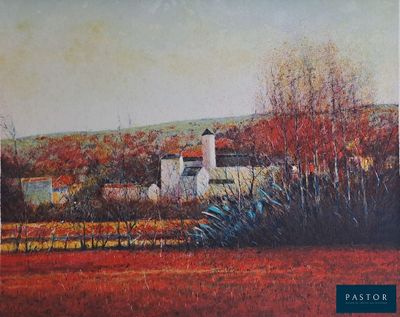 un tableau représentant une ferme dans un champ parsemé d'arbres et de buissons