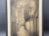 an image of a drawing of a narrow street with trees in the background