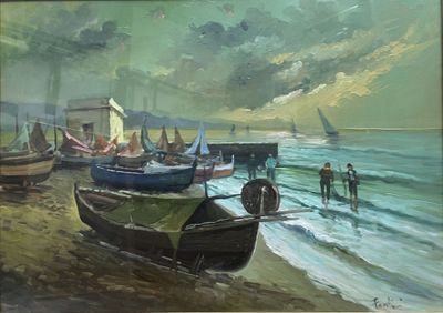 painting of a beach scene with boats and people on the shore