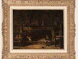 an image of a painting of a man and a dog in a kitchen