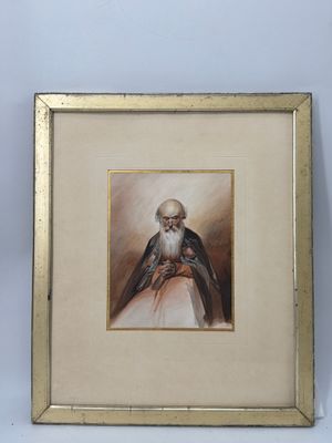 tableau représentant un vieil homme à la barbe blanche, avec un oiseau perché sur son bras