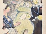 un dessin représentant un groupe de personnes dans une pièce