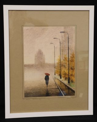 painting of a woman with an umbrella walking in the rain