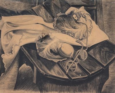 un dessin en noir et blanc représentant un chapeau et une paire de ciseaux posés sur une table