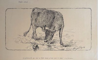 a drawing of a cow eating grass in a field
