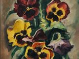 une peinture à l'huile représentant un vase de fleurs sur une table