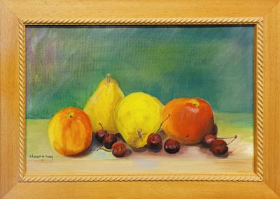 an oil painting of fruit on a table with a green background