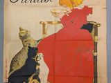 an old french poster of a woman sitting on a chair with a cat
