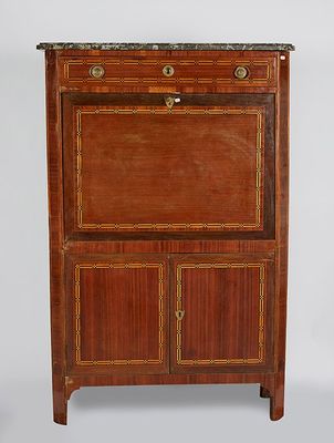 an old wooden cabinet with a marble top and drawers
