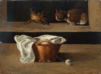 un tableau représentant deux chats assis sur une étagère, à côté d'un panier de pelotes de laine