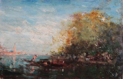 an oil painting of a river scene with a boat in the water