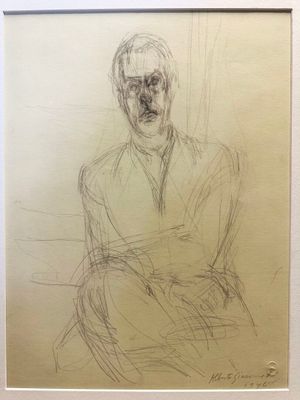 dessin représentant un homme assis sur une chaise, les bras croisés
