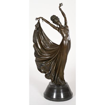 a bronze statue of a woman holding a fan on top of a base
