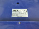 a close up of the back of a blue car with a sticker on it