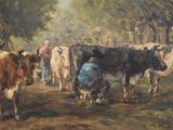 a painting of a group of cows in a wooded area