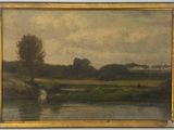 l'image d'un tableau représentant un paysage avec une rivière au premier plan